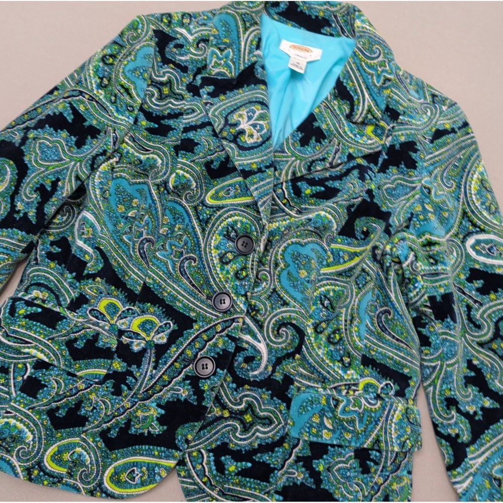 Vintage Talbots Paisley Velvet Blazer Navy Blue Green Women Sz 10 Pet Preppy Y2K